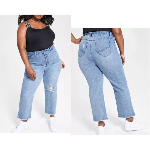 Nina Parker Denim - Nina Parker Trendy Plus Size Button-Fly Distressed Boyfriend Jeans, 18W